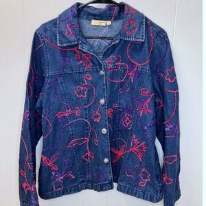 Choices Denim Womens Embroidered Jacket Size M Blue Pink Floral Long Sleeve